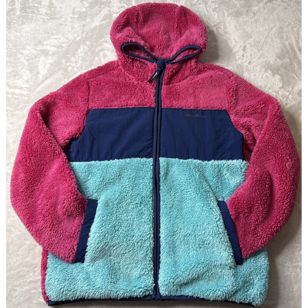 Eddie Bauer Full Zip Hooded Fleece Sherpa Jacket Girls Large Pink Teal Pockets